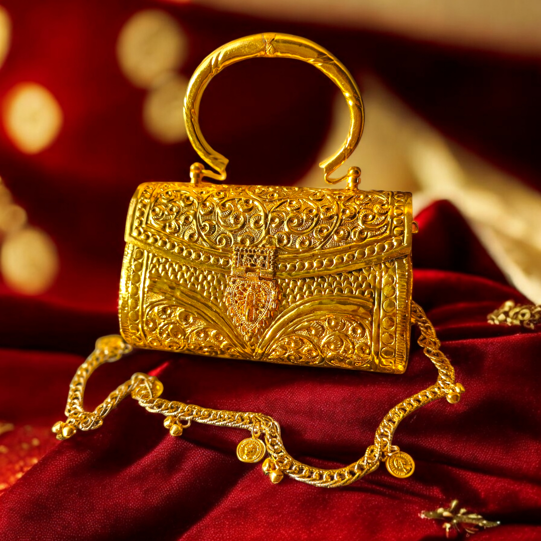 Amara handcrafted intricate detail Royal Gold Brass handbag