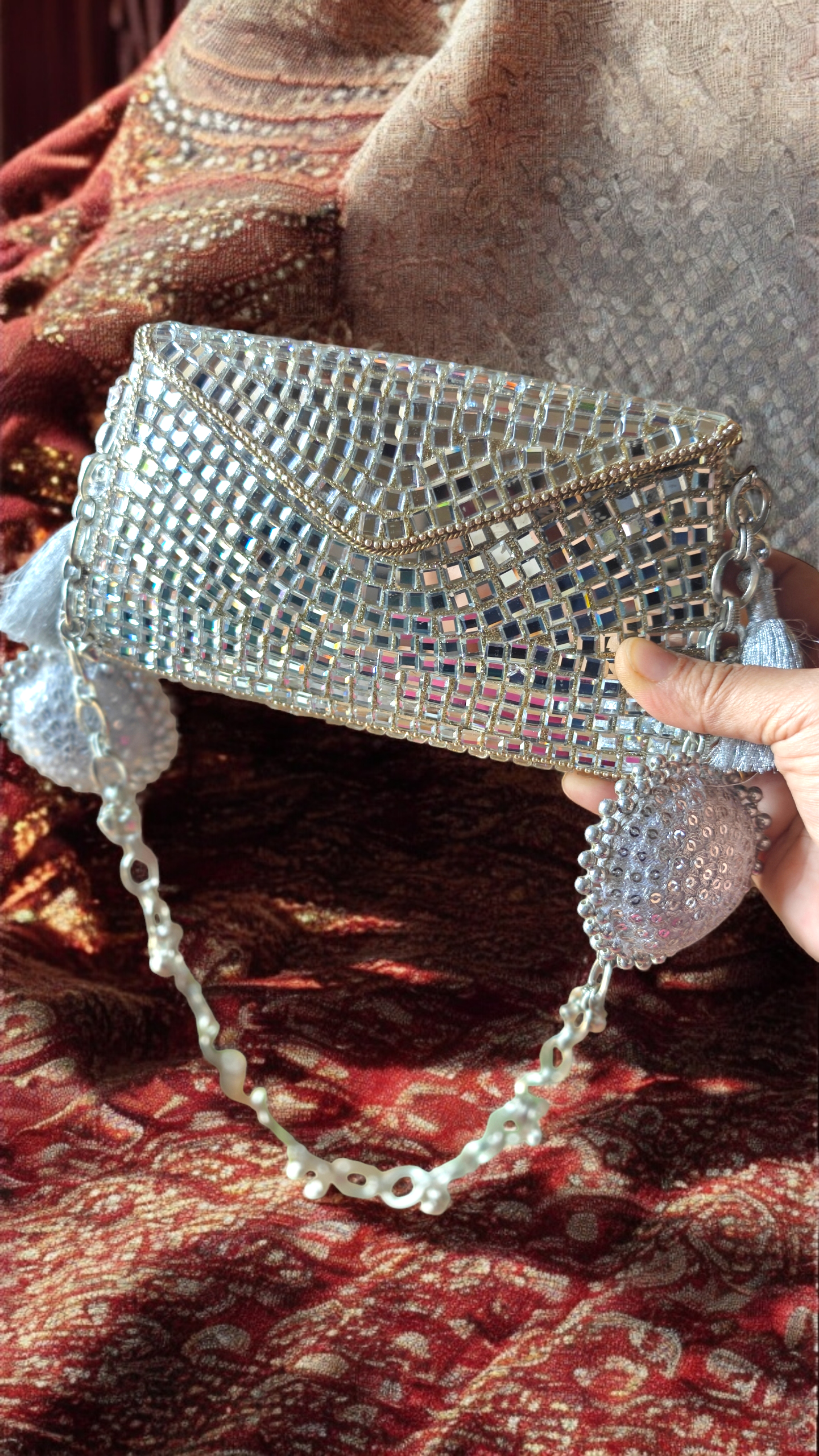 Sheesh Mahal Glass mosaic Rectangular handbag in silver tone