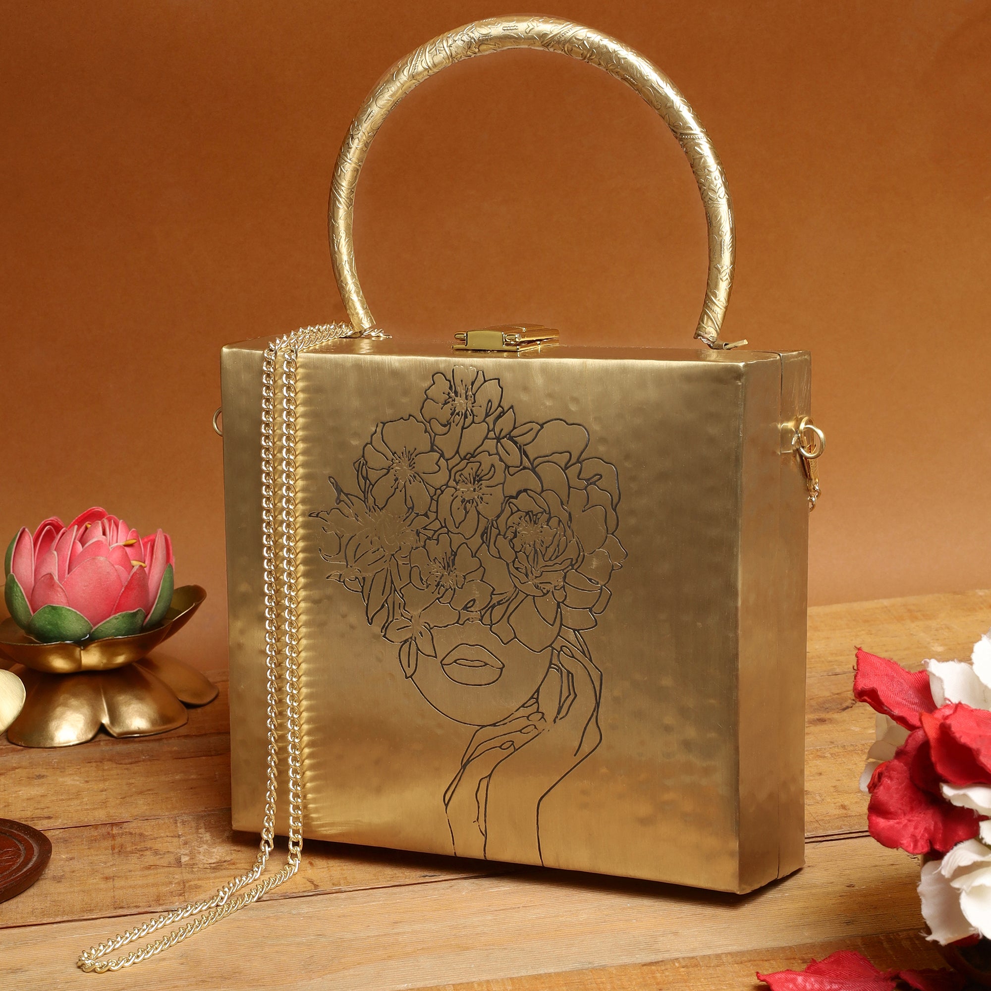 Chic Square Brass bag with Floral Lady