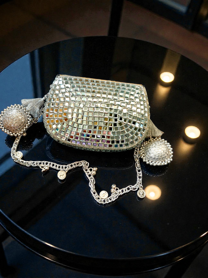 Sheesh Mahal - Glass mosaic Brass Bag in Silver tone