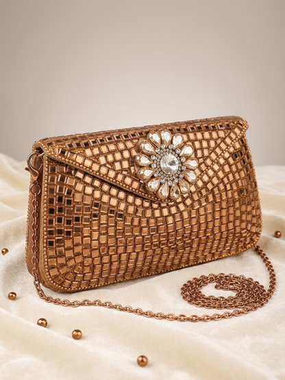 Sheesh Mahal Buta Glass Mosaic Brass Clutch Gold Rectangle