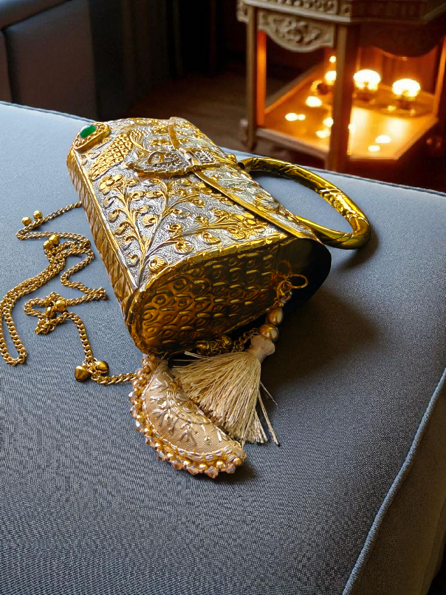 Peacock Engraved Dual Tone Brass Bag with tassels