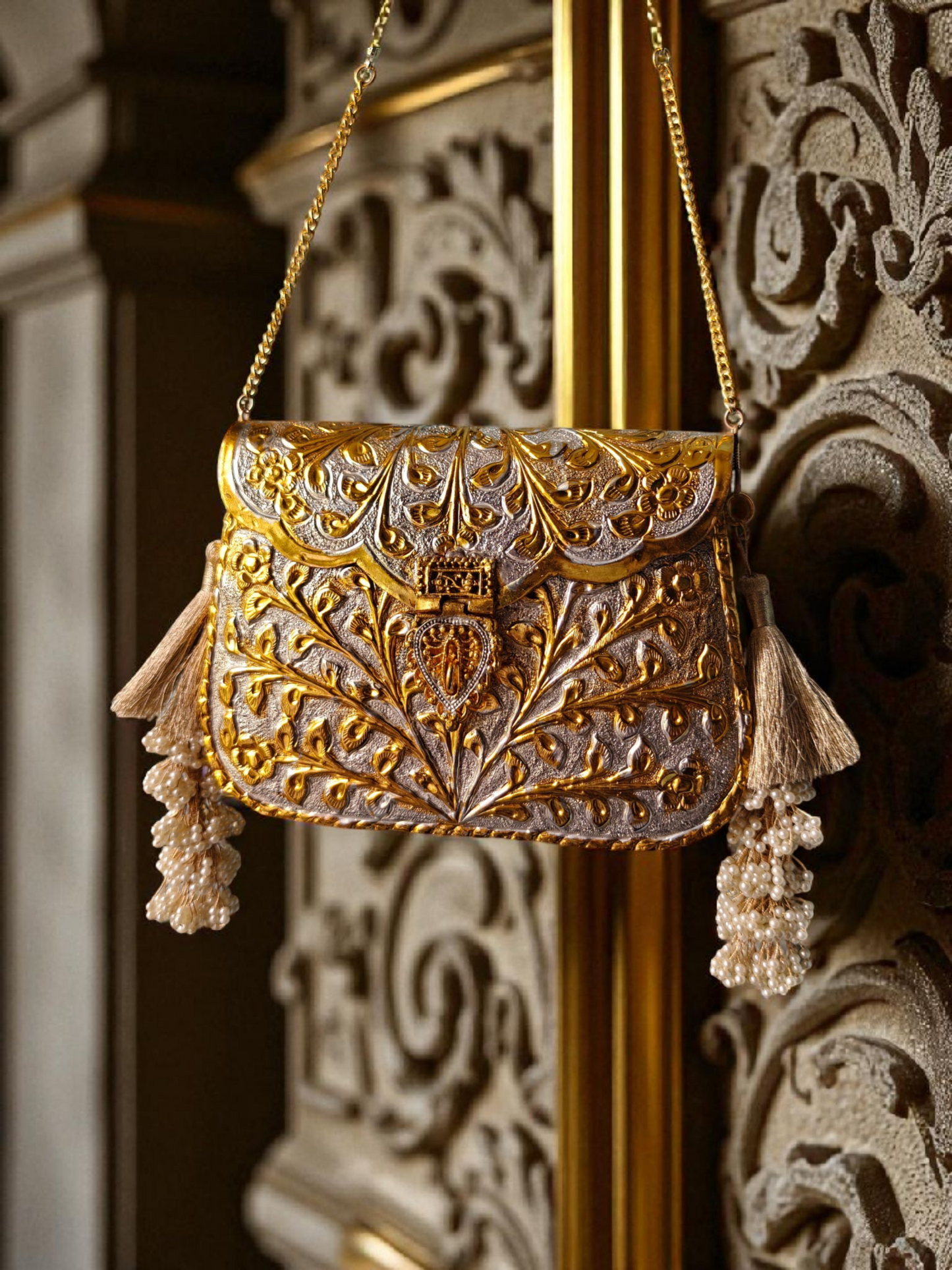 Dual-Tone Rectangular Gold & Silver Engraved Pouch with side Tassels