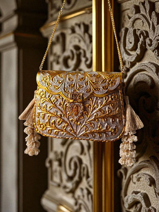 Dual-Tone Rectangular Gold & Silver Engraved Pouch with side Tassels