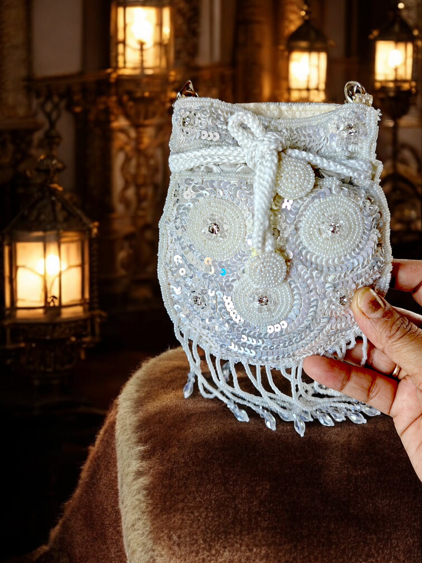 The Mini Embroidered Potli in Sparkling White sequins n crystals