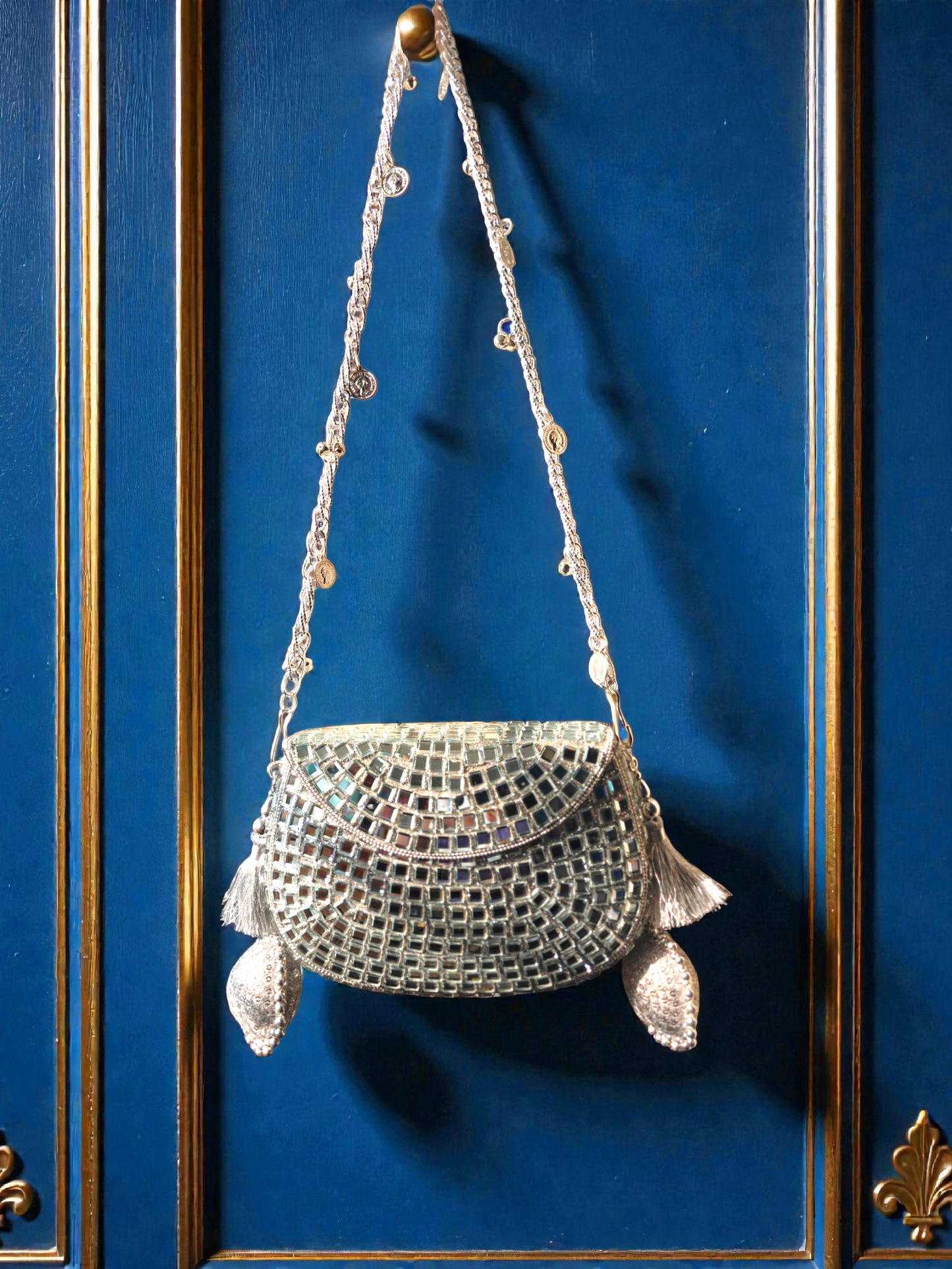 Sheesh Mahal - Glass mosaic Brass Bag in Silver tone