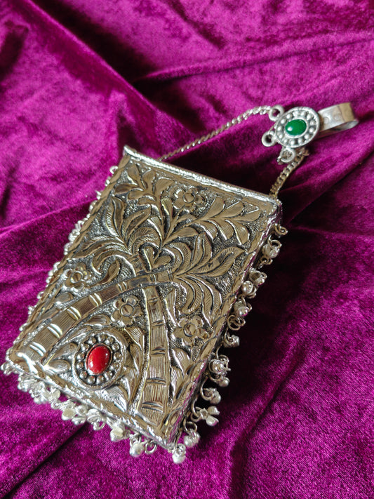 Handcrafted Tropical Brass Silver Tone Mobile Pouch