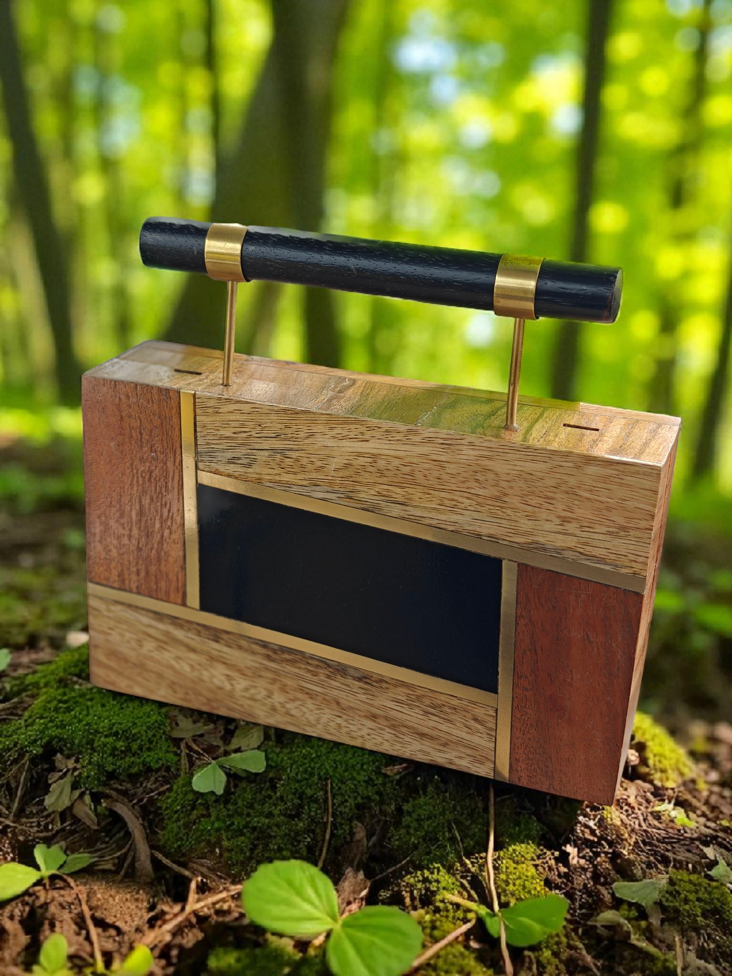 Multi wood handbag with Brass inlay and resin combo