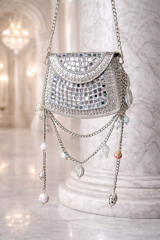 Sheesh Mahal Nano Bags - Silver Square with white beads