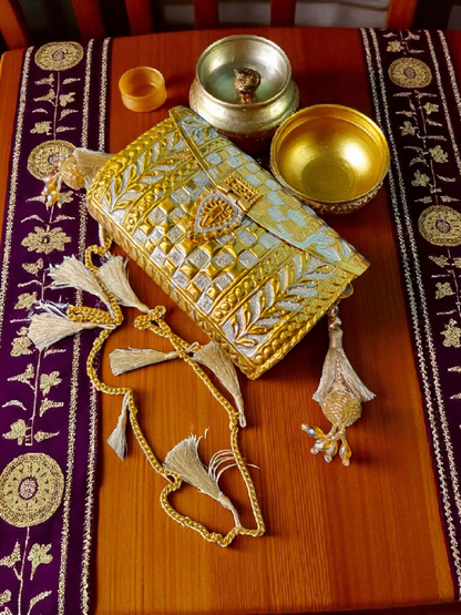 Dual Tone checkered pattern Brass Ethnic clutch