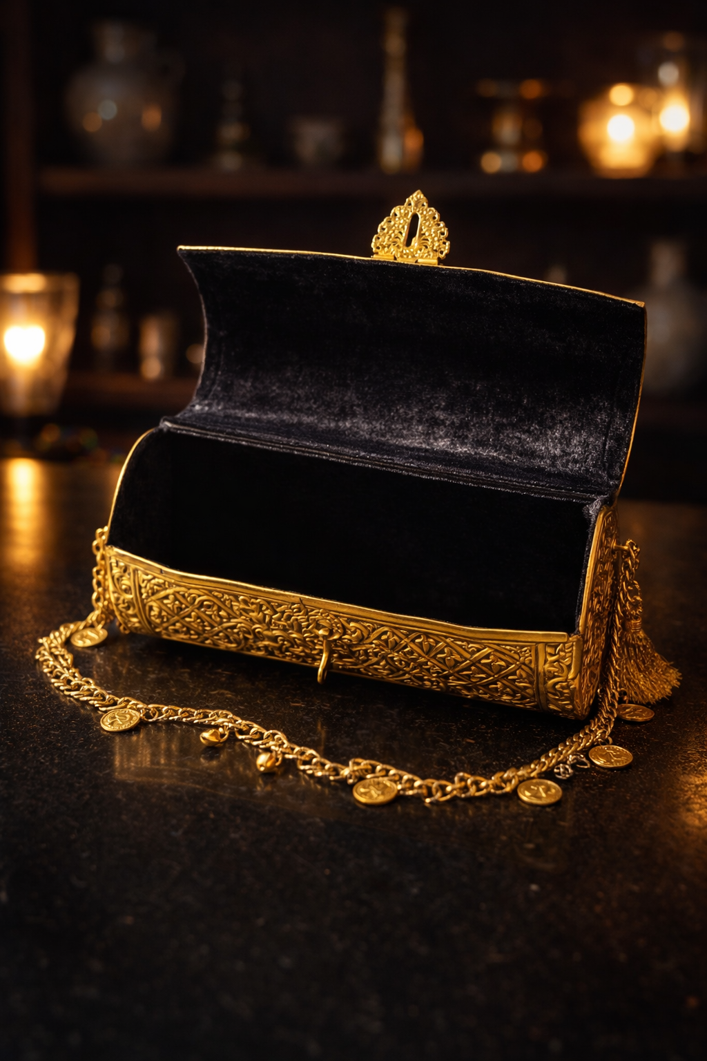 Maharani Royal intricately hand carved Brass Bag with coin and ghungroo charm chain handle