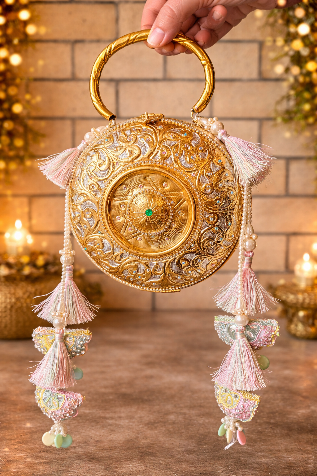 The Suvarna collection - Mandala crystal stone brass bag