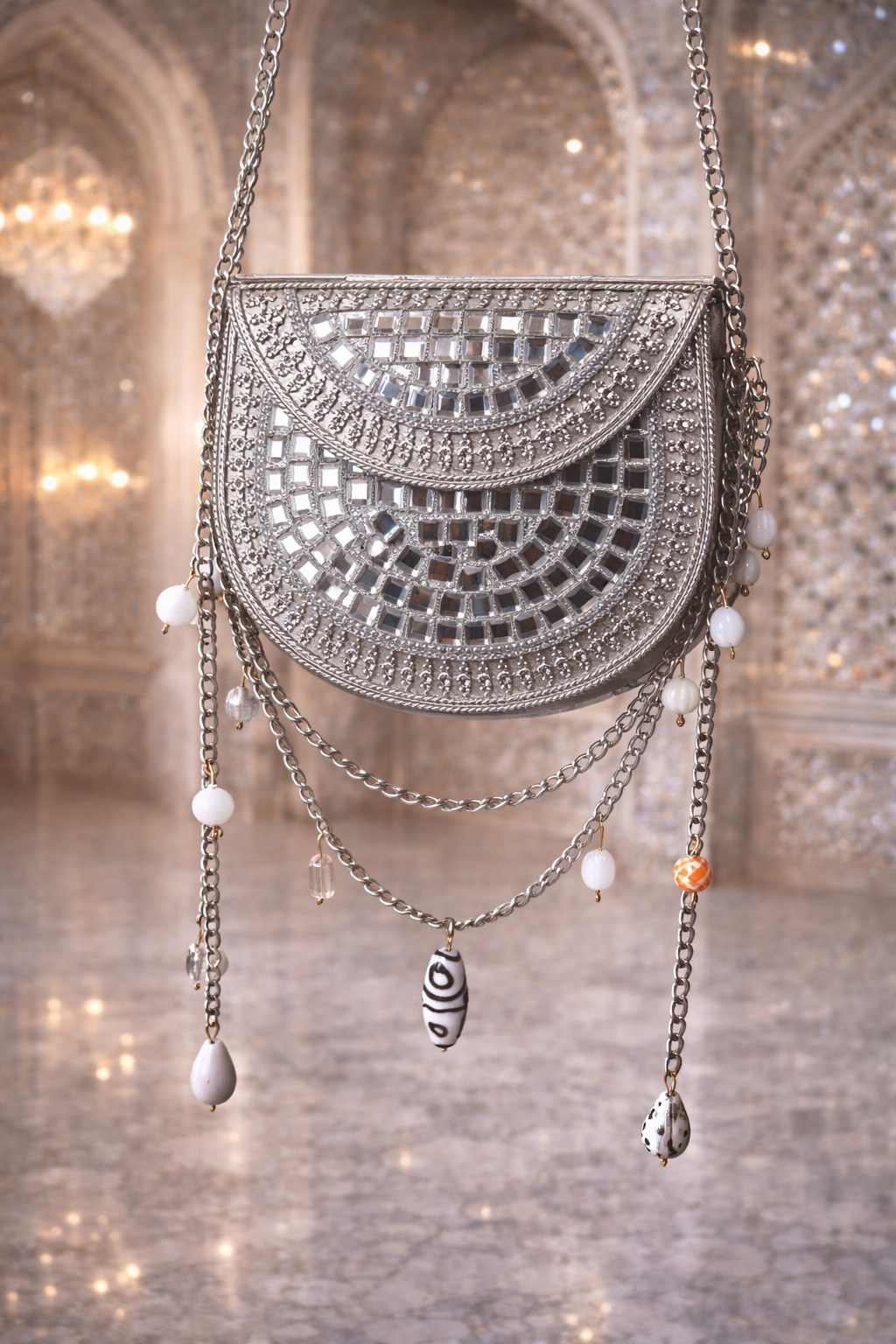 Sheesh Mahal Nano Bags - Silver Round with white beads