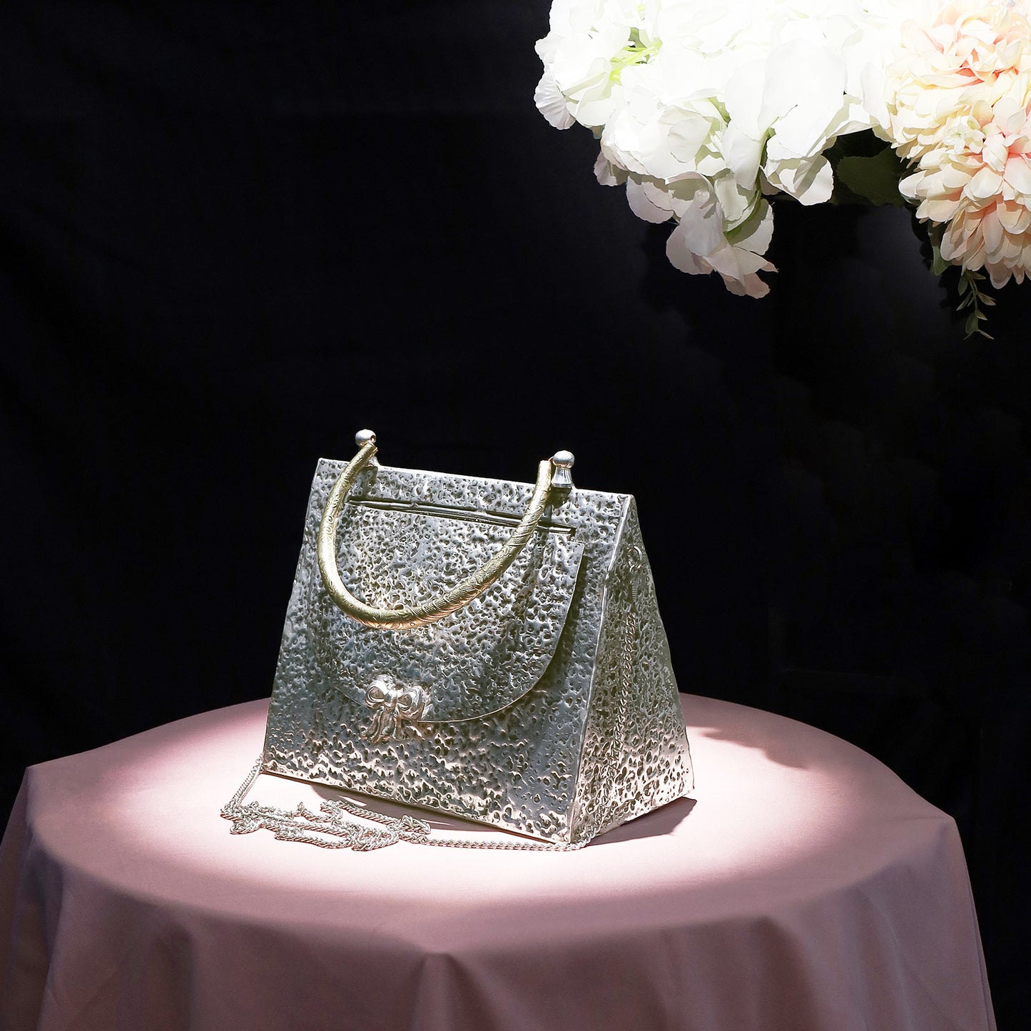 Traingle Hammered Brass Handbag in Antique Silver finish