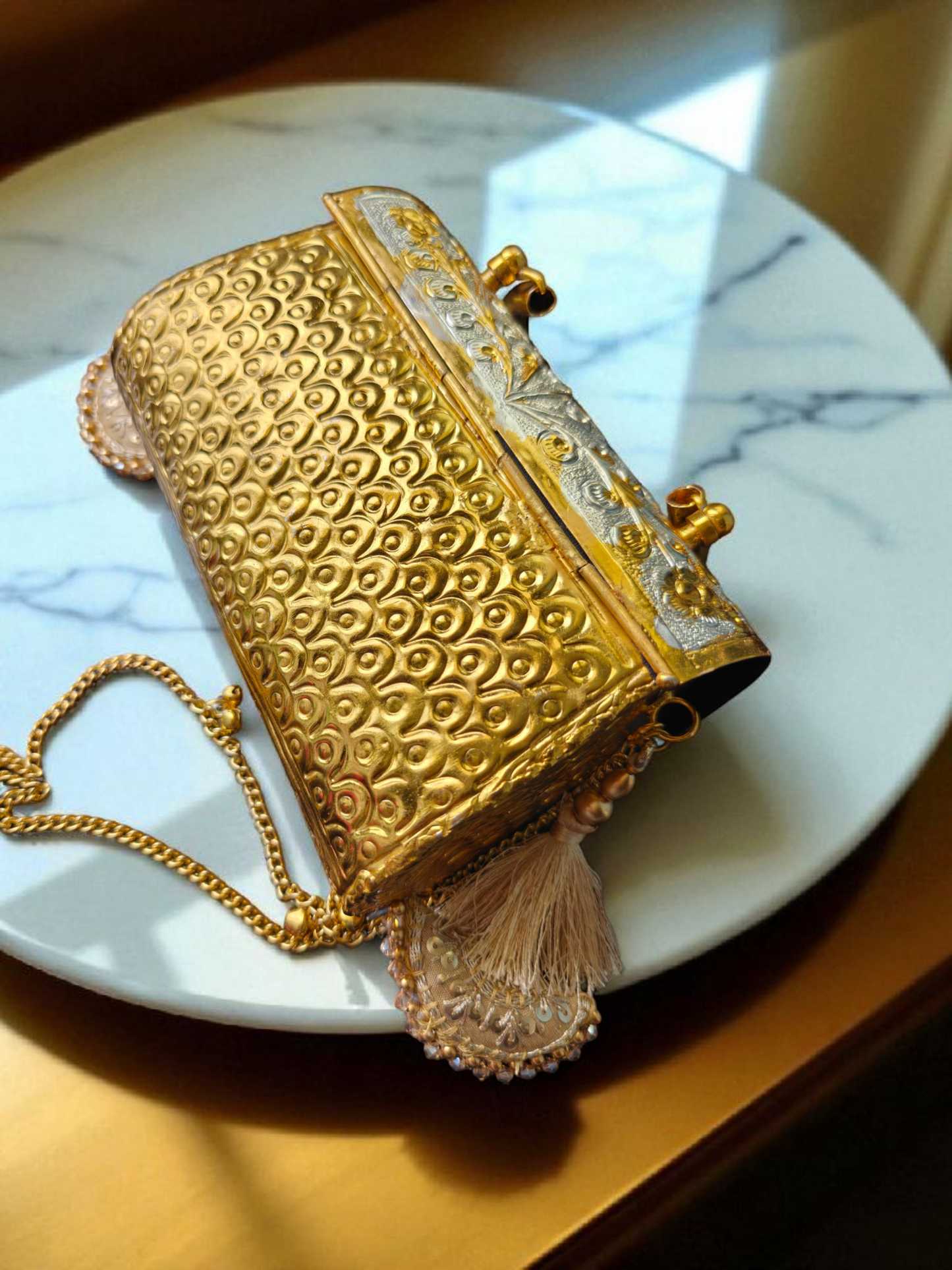 Peacock Engraved Dual Tone Brass Bag with tassels