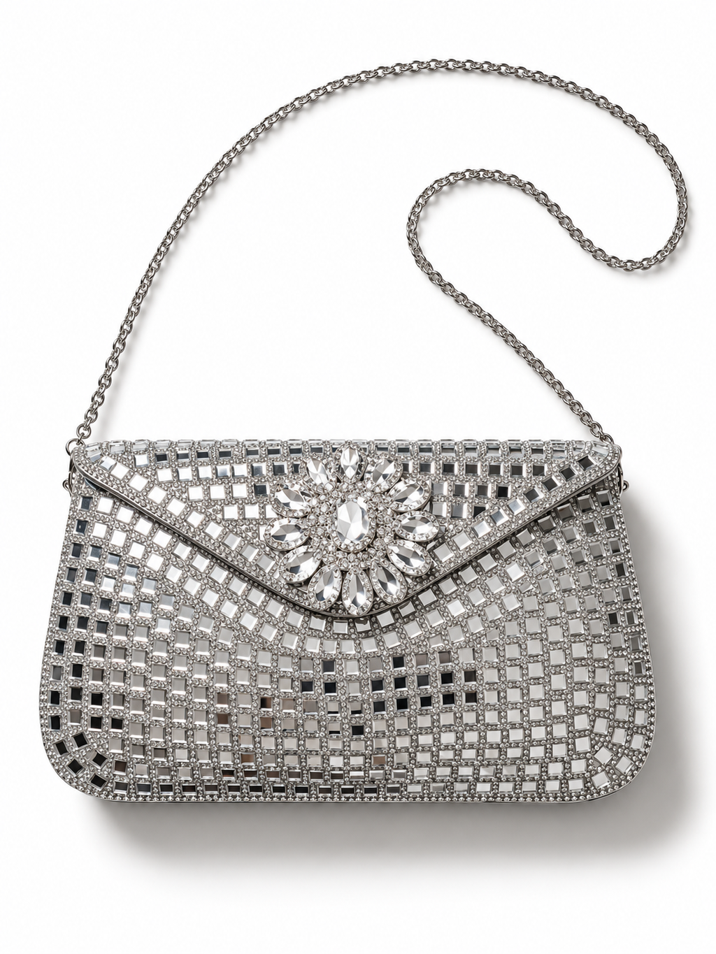 Sheesh Mahal Buta Glass Mosaic Brass Bag Silver Rectangle