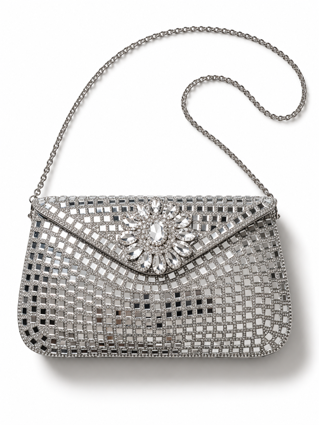 Sheesh Mahal Buta Glass Mosaic Brass Bag Silver Rectangle