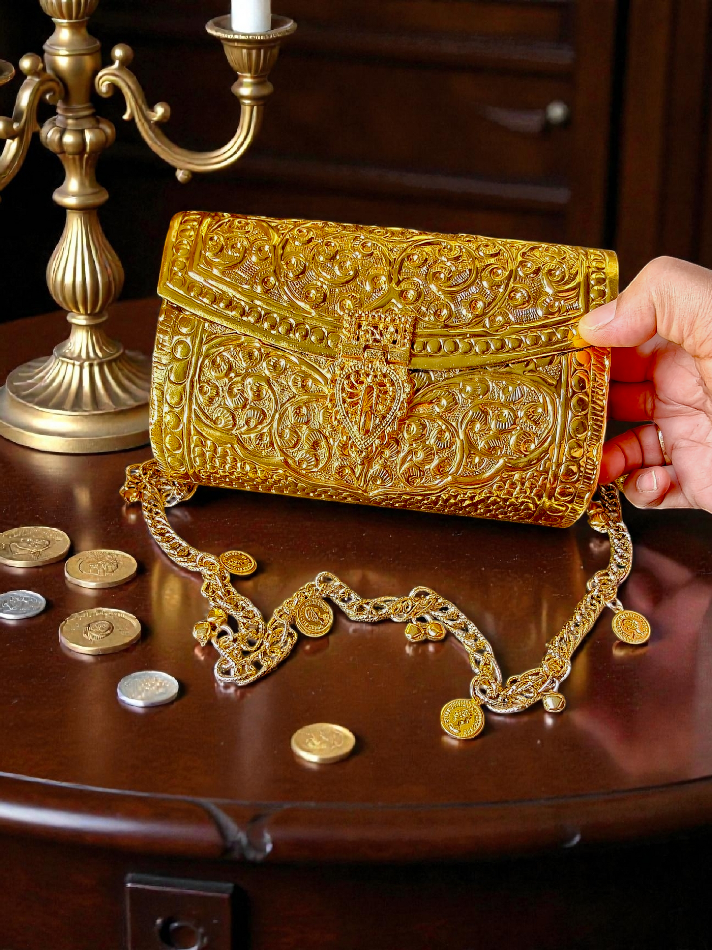 Maharani Royal intricately hand carved Brass Bag with coin and ghungroo charm chain handle