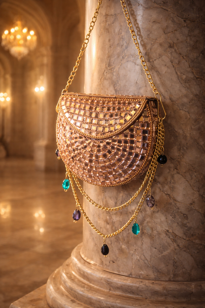 Sheesh Mahal Nano Bags- Rose Gold with Green Crystals