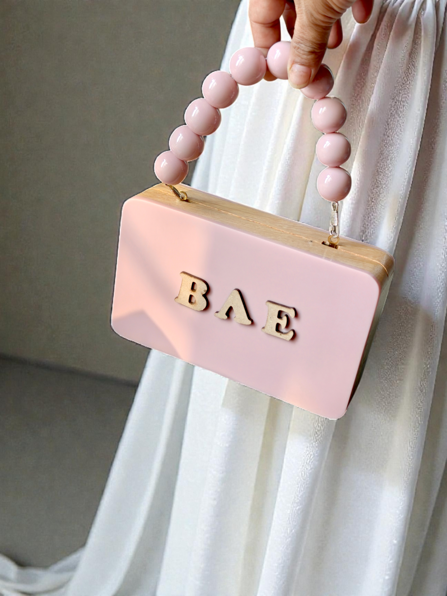 Colour Block Personalized wooden Clutch in beaded handle