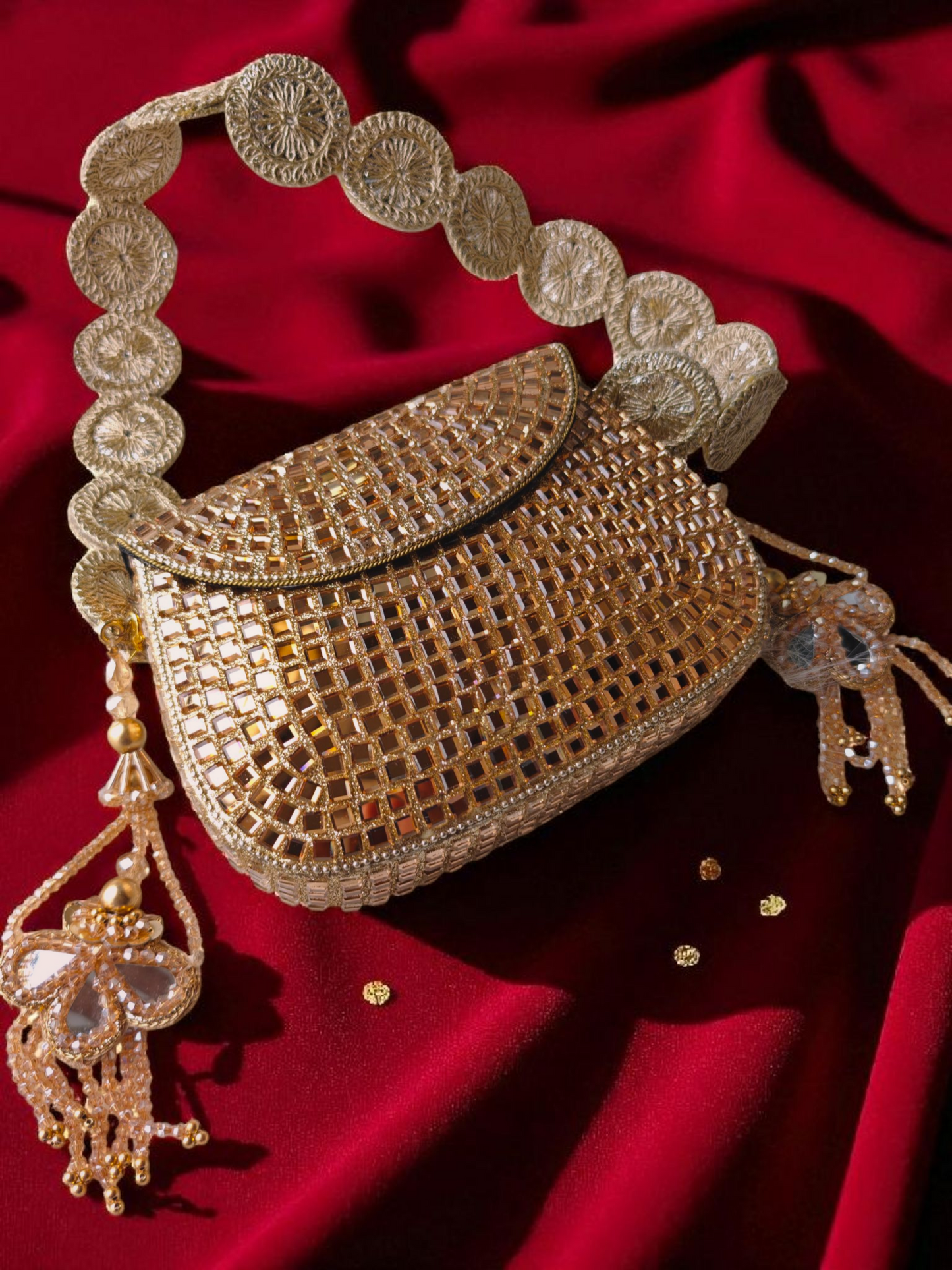 Sheesh Mahal - Glass Mosaic Brass Bag in Rose Gold Tone