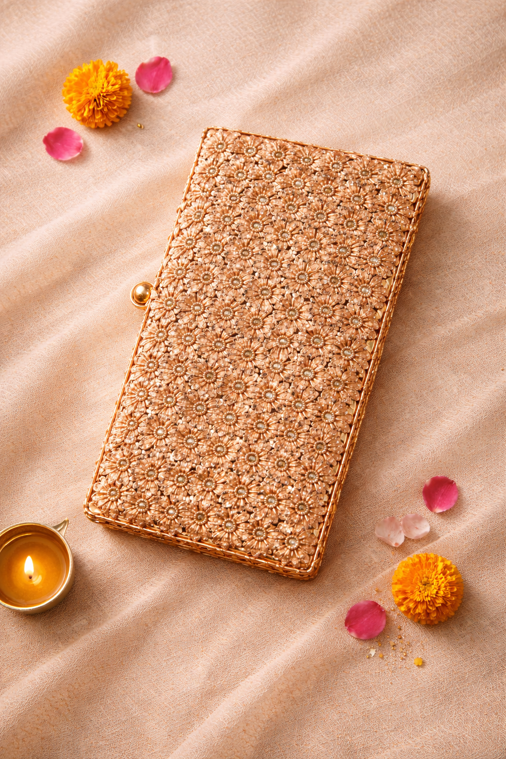 Rosé Éclat – 3D Floral Brass Clutch