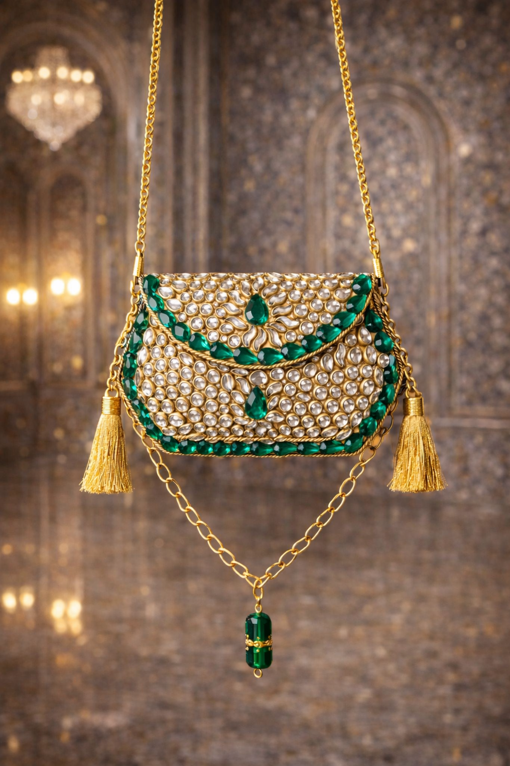 Sheesh Mahal Nano bags - Gold Hexagon with green crystal border