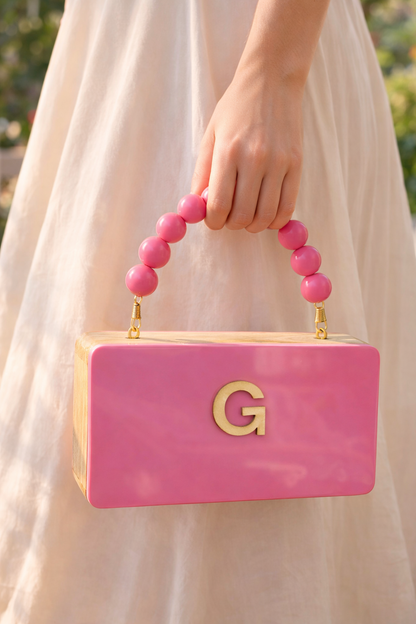 Colour Block Personalized wooden Clutch in beaded handle