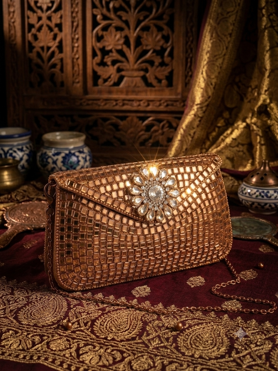 Sheesh Mahal Buta Glass Mosaic Brass Clutch Gold Rectangle