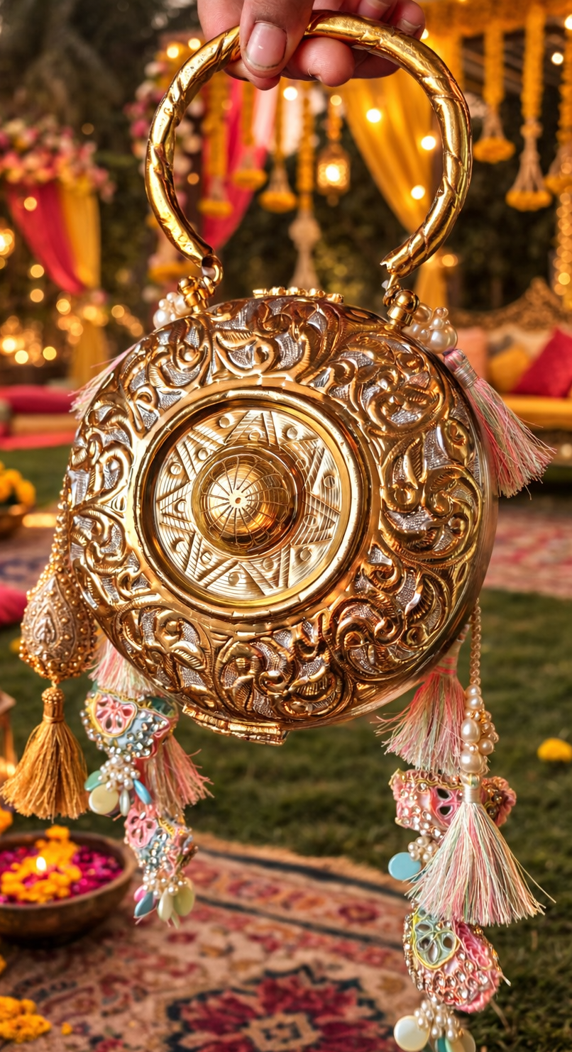 The Suvarna collection - Mandala crystal stone brass bag