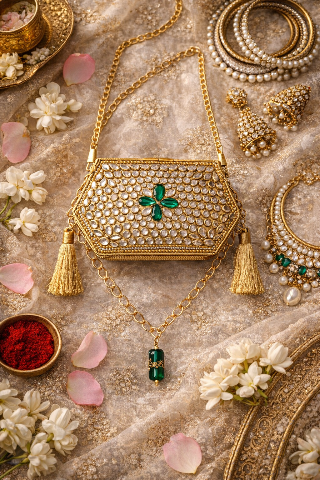 Sheesh Mahal Nano bags - Gold Hexagon with tassels