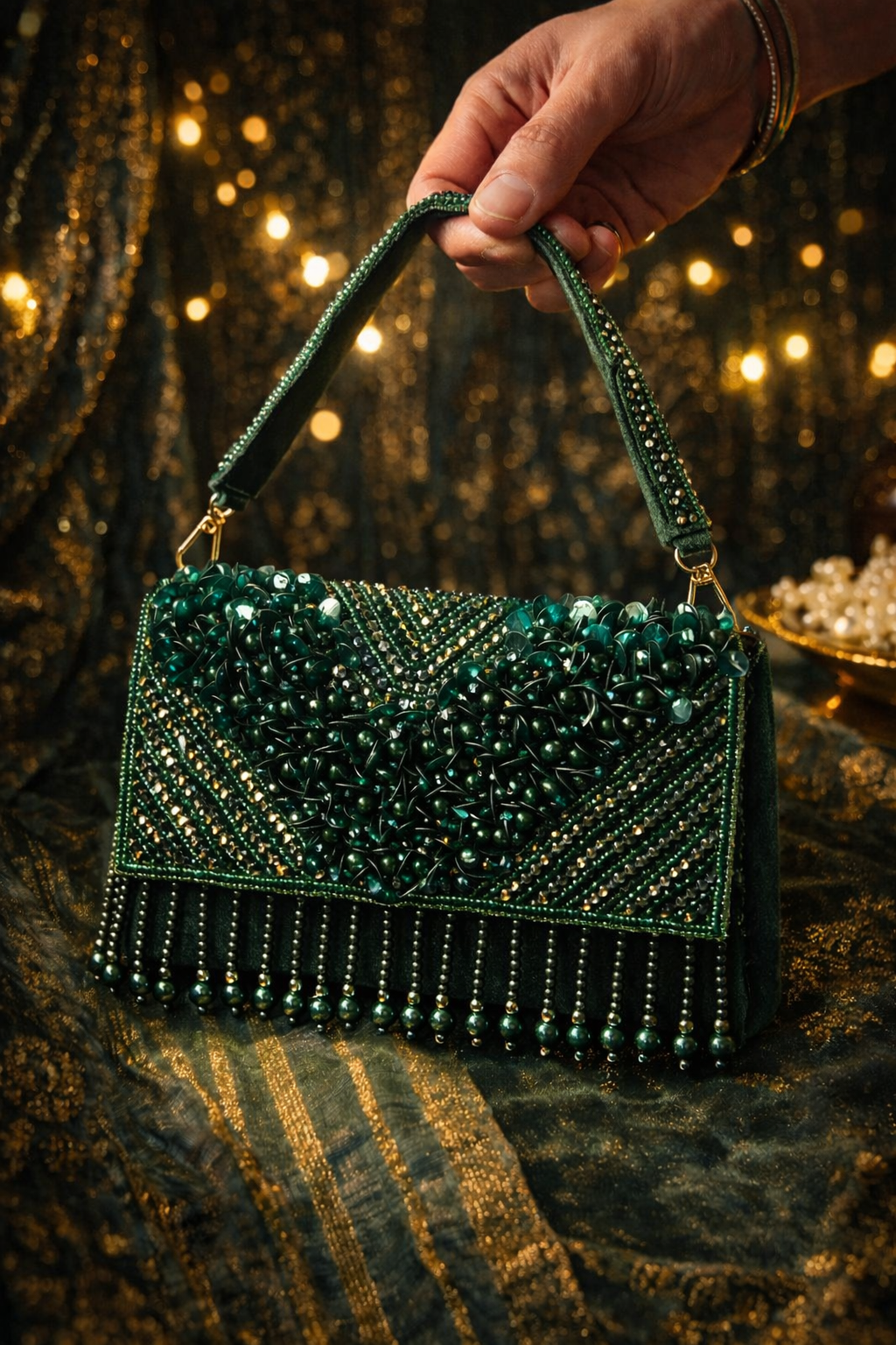 Emerald embellished velvet party clutch