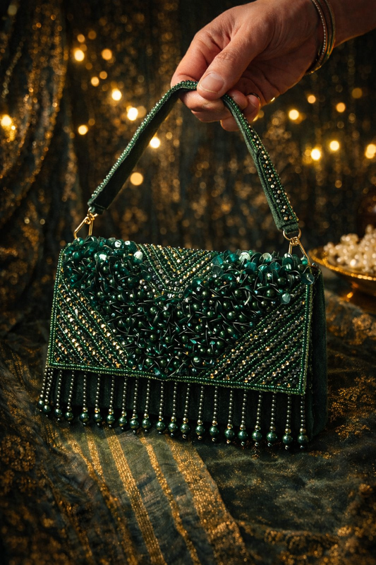 Emerald embellished velvet party clutch