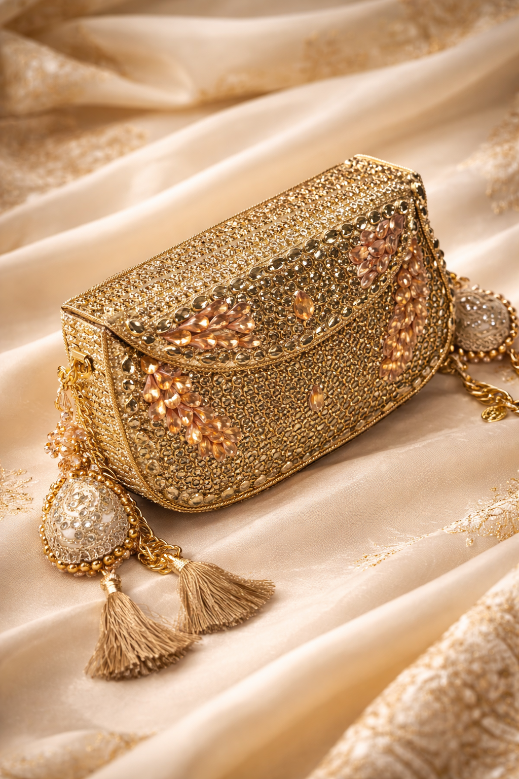 Sheesh Mahal Moha Peach crystal and kundan handbag