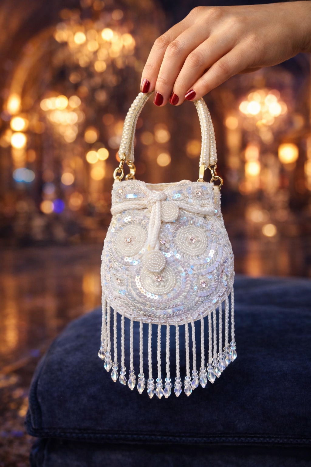 The Mini Embroidered Potli in Sparkling White sequins n crystals