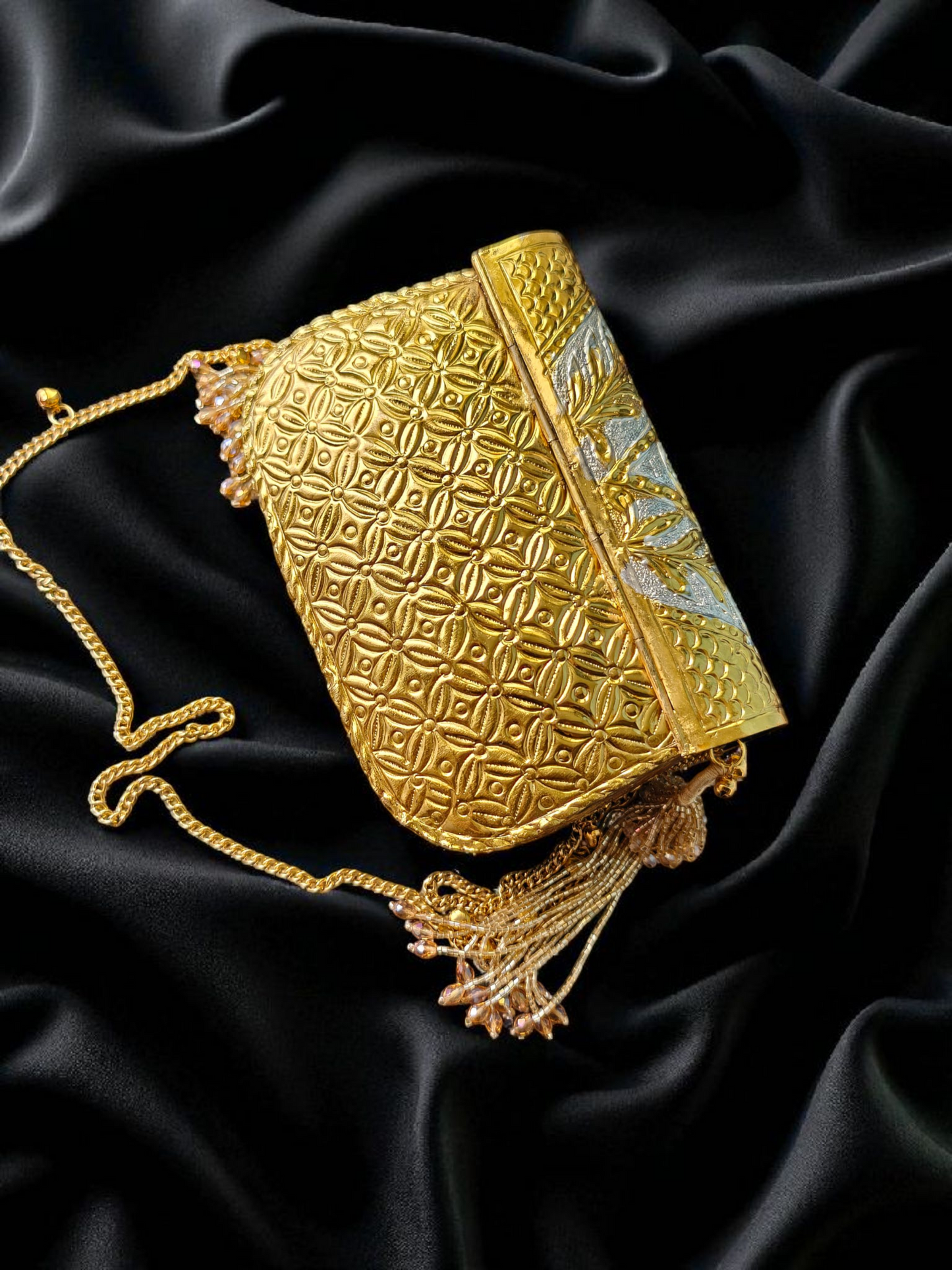 Dual-Tone Rectangular Gold & Silver Engraved Pouch with side Tassels