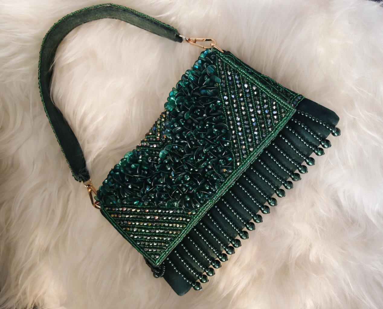 Emerald embellished velvet party clutch