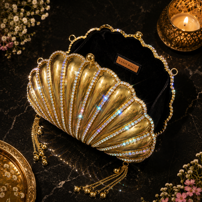 Heera Clutch - Dazzling RhineStone Shell shaped Brass Bag