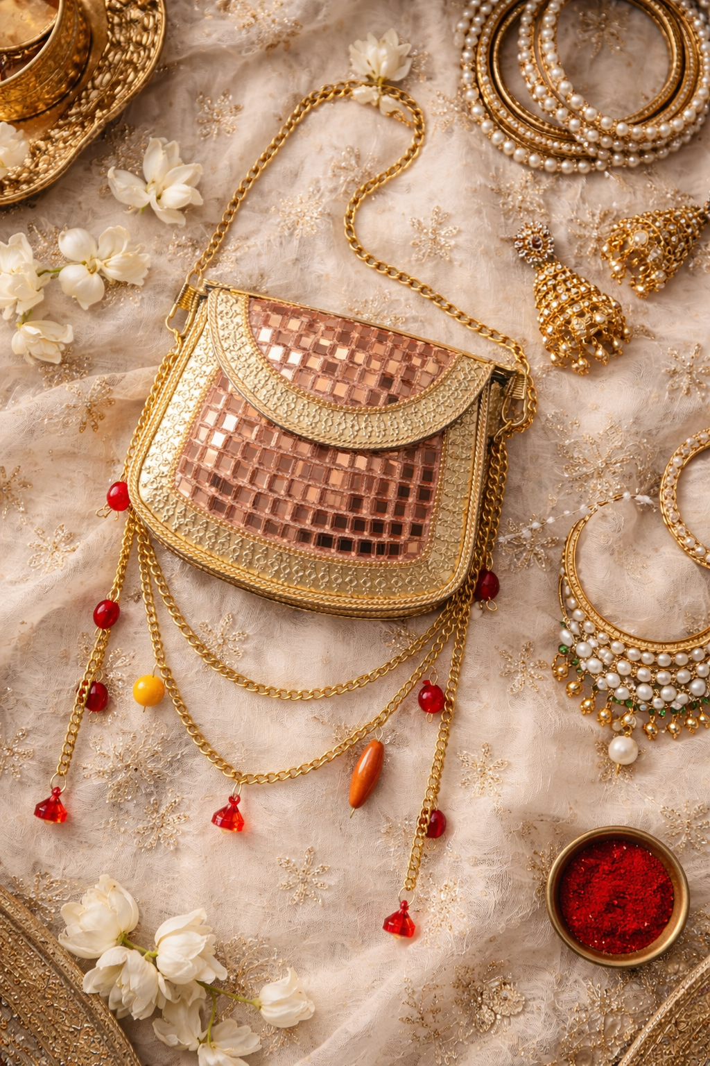Sheesh Mahal Nano bags - Rose Gold with brass and red beads