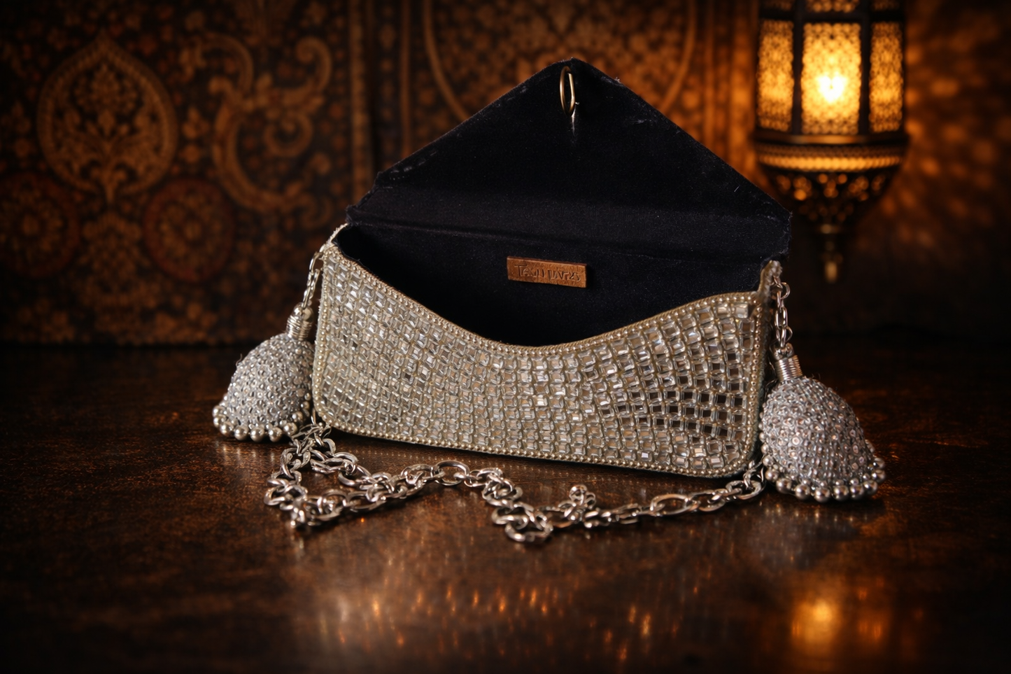 Sheesh Mahal Glass mosaic Rectangular handbag in silver tone