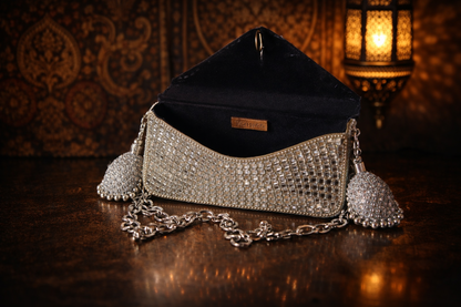 Sheesh Mahal Glass mosaic Rectangular handbag in silver tone