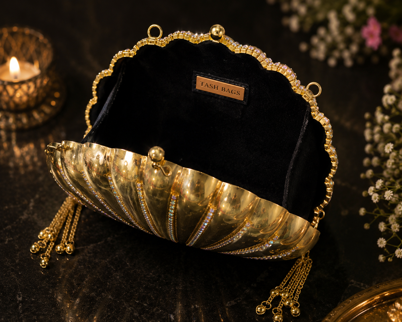 Heera Clutch - Dazzling RhineStone Shell shaped Brass Bag