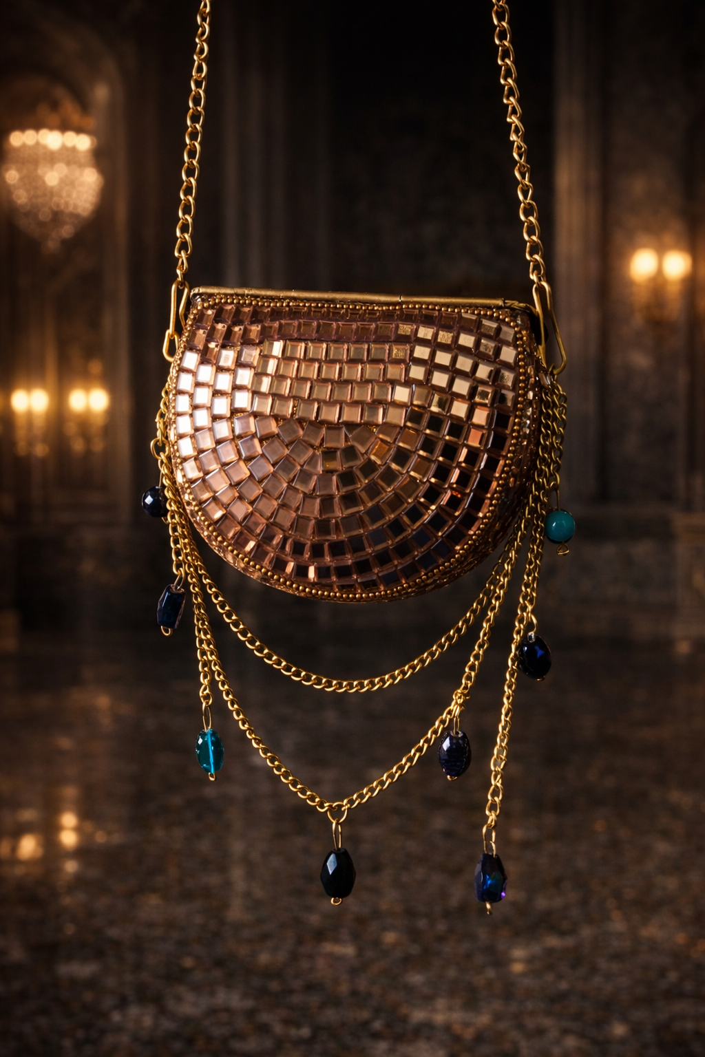 Sheesh Mahal Nano Bags- Rose Gold with Green Crystals