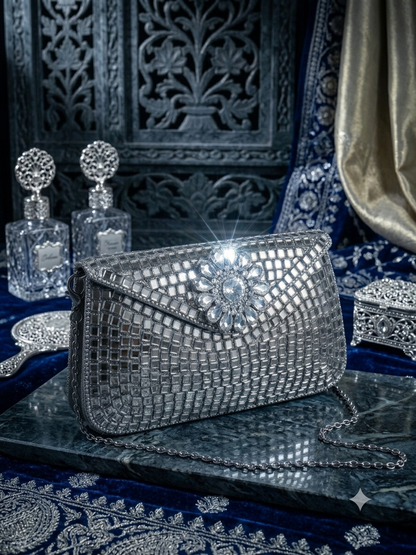 Sheesh Mahal Buta Glass Mosaic Brass Bag Silver Rectangle