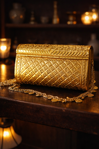 Maharani Royal intricately hand carved Brass Bag with coin and ghungroo charm chain handle