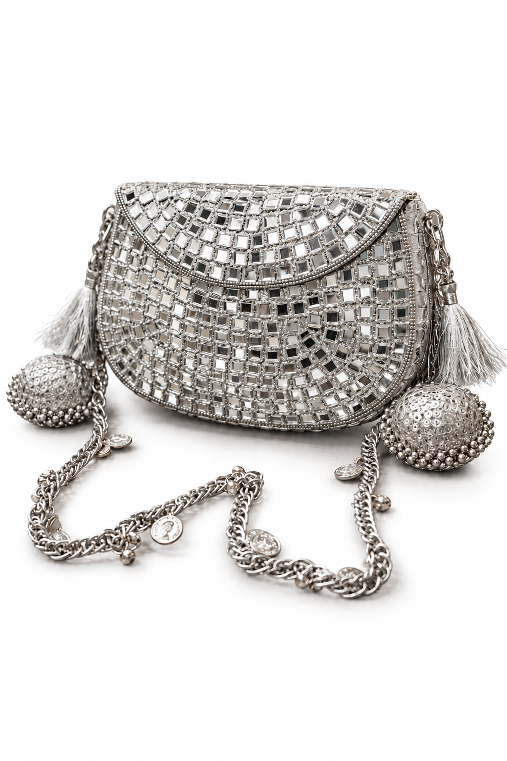 Sheesh Mahal - Glass mosaic Brass Bag in Silver tone
