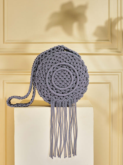 Round Macrame Fringe Boho Bag - Stormy Grey