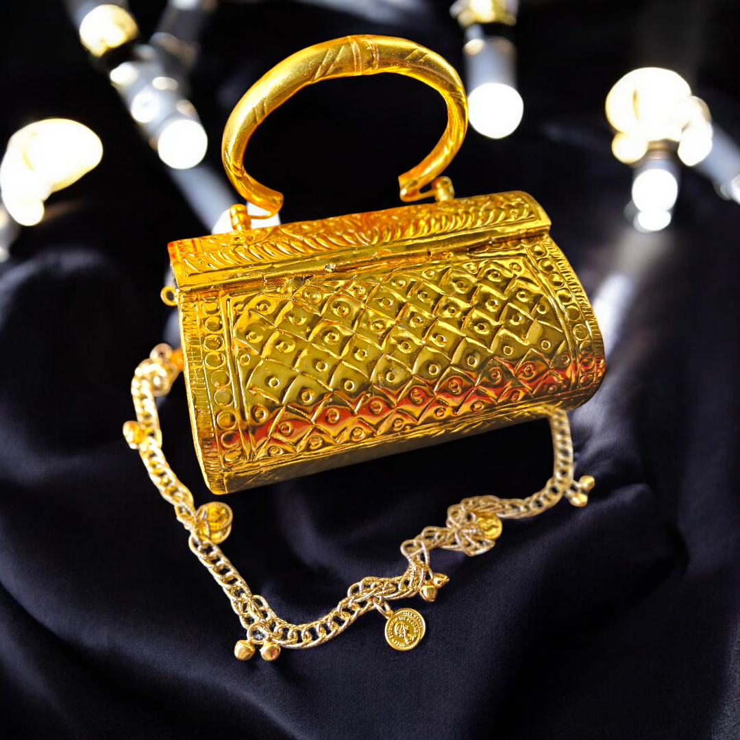 Amara handcrafted intricate detail Royal Gold Brass handbag