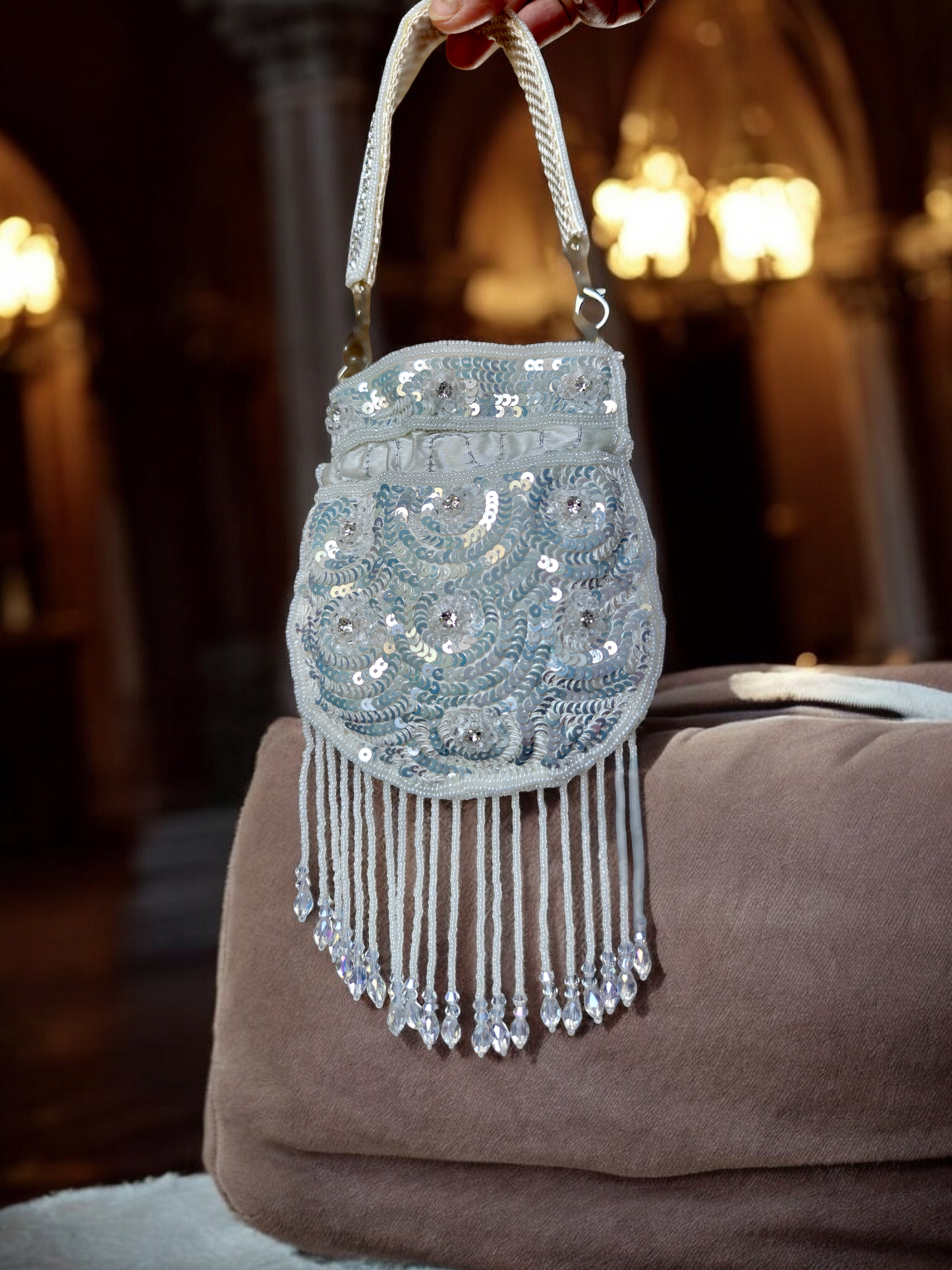 The Mini Embroidered Potli in Sparkling White sequins n crystals