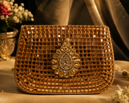 Sheesh Mahal Buta glass mosaic brass clutch Gold square